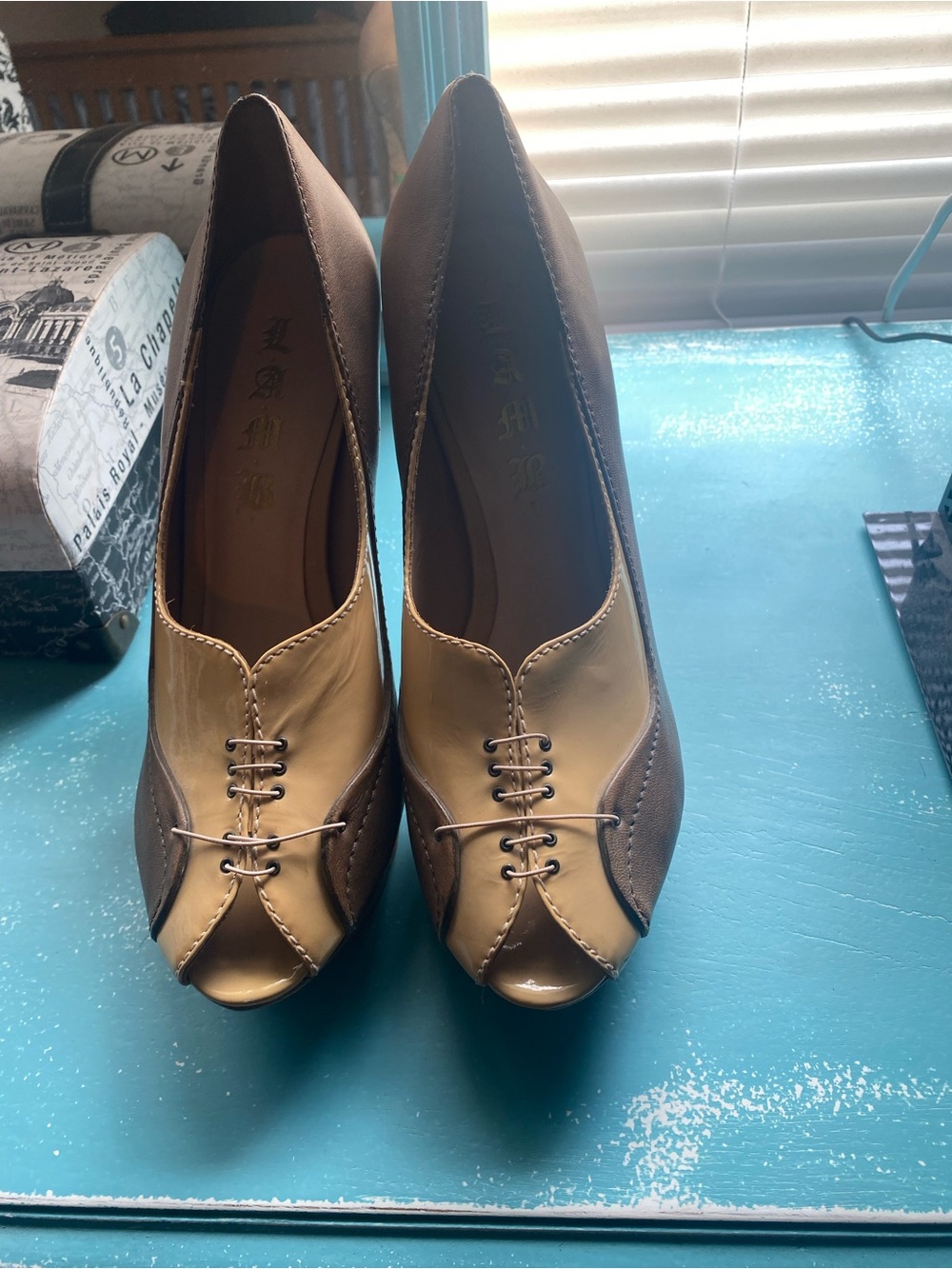 L.A.M.B. Two-Tone Brown and Tan Peep-Toe Lace-Up Heels